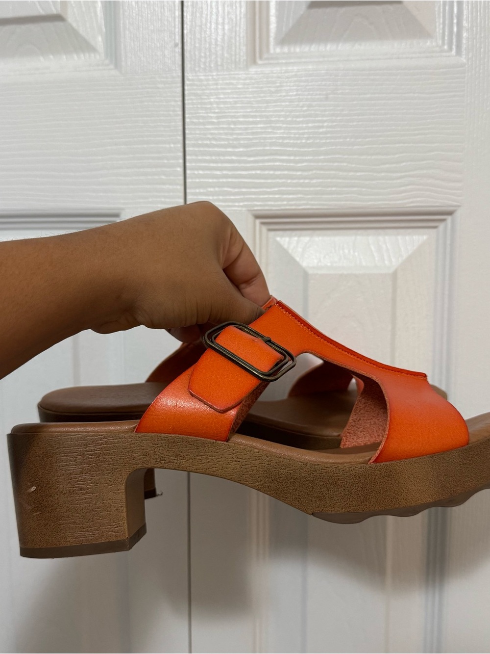 Orange Leather Platform Slide Sandals